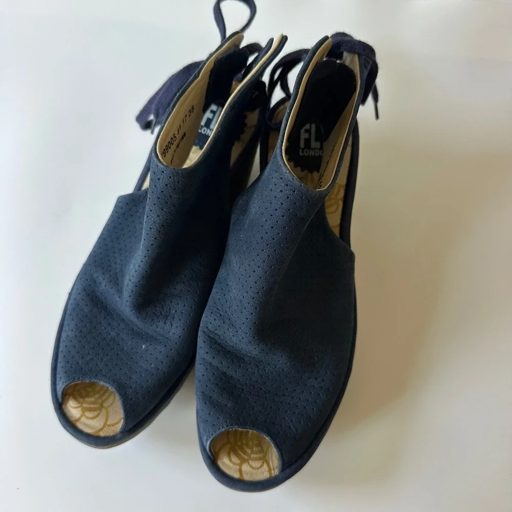 Fly London Ypul Wedge Sandals Navy Blue Perforated Suede Peep Toe size 38